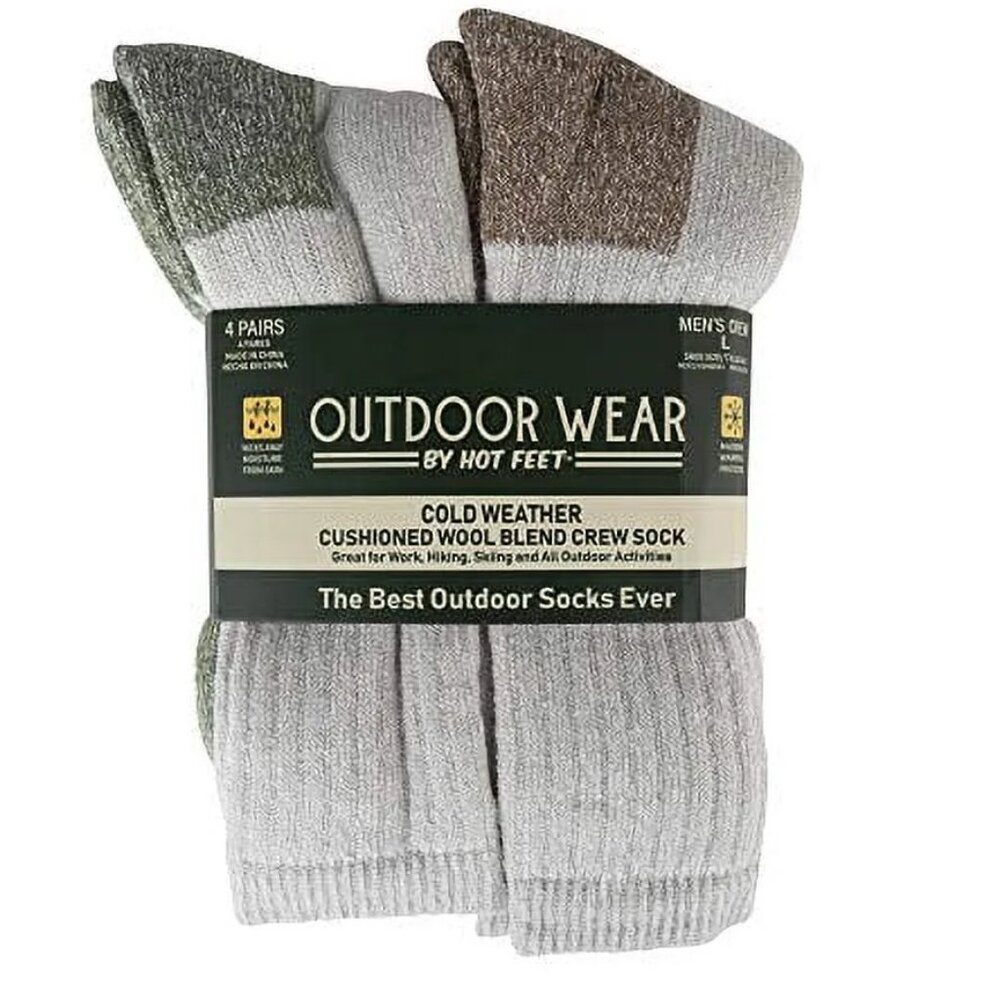 Hot Feet Men's Active Work & Outdoor 4 Pack Socks Gray w/ Green & Brown Bands